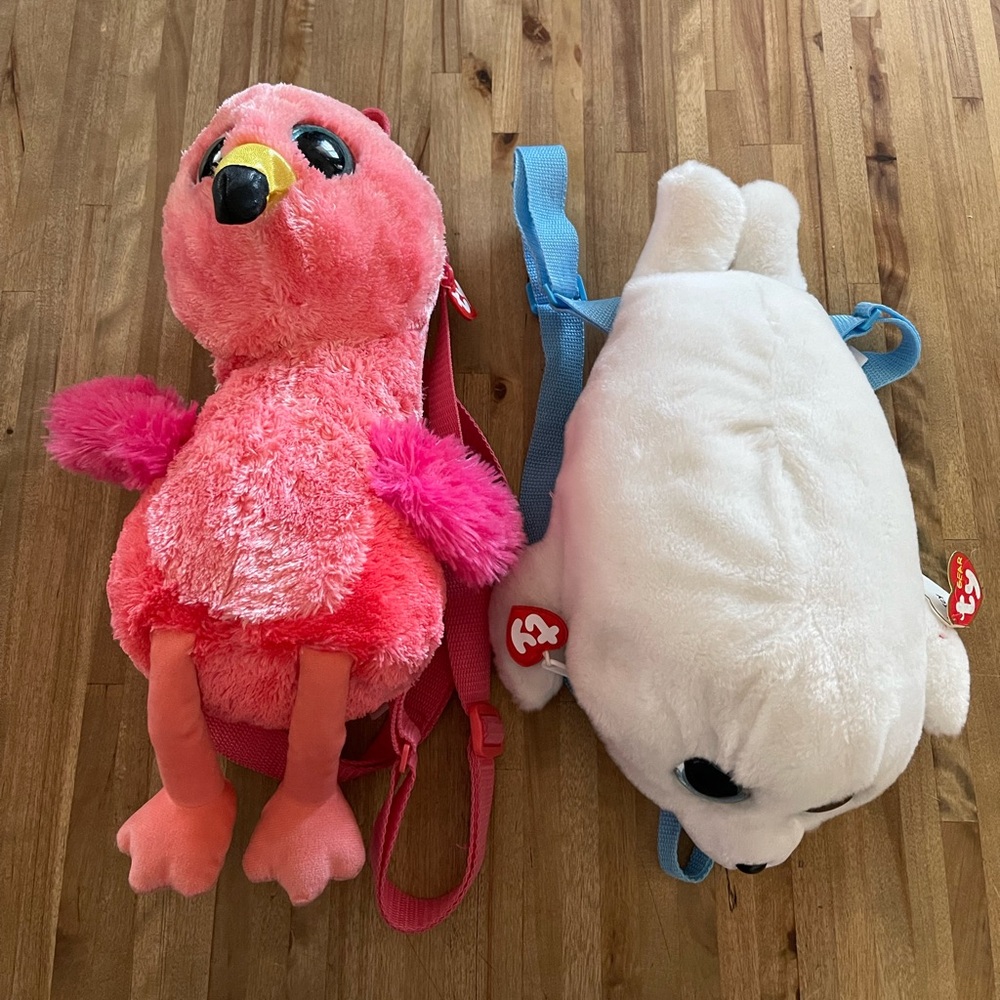Pair of TY Gear Flamingo and Seal Backpacks